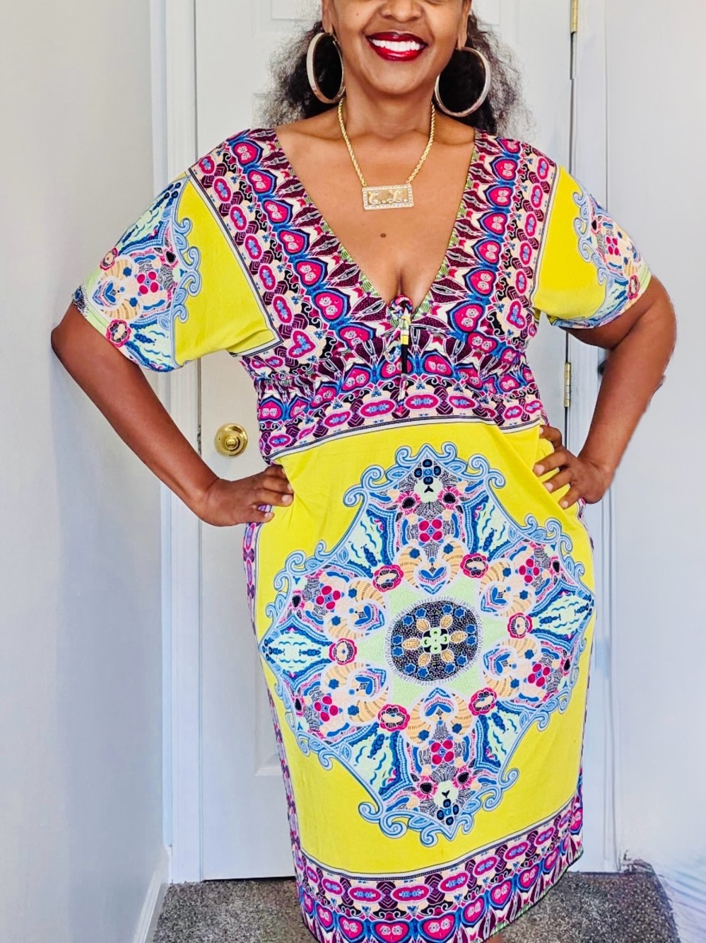 Vibrant Yellow Boho V-Neck Dress with Paisley Border